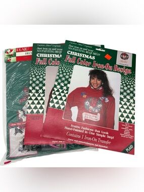 Lot of 3 Christmas Full Color Iron-On Transfer Kits- Wreath, Tree, Santa & Mrs.